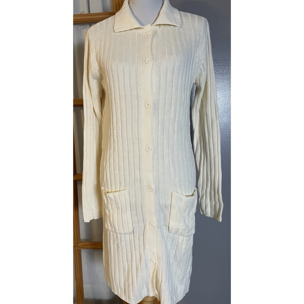 Vtg 90s Ribbed Mid Length Cardigan Sz M Cream Button Down Collared Classic